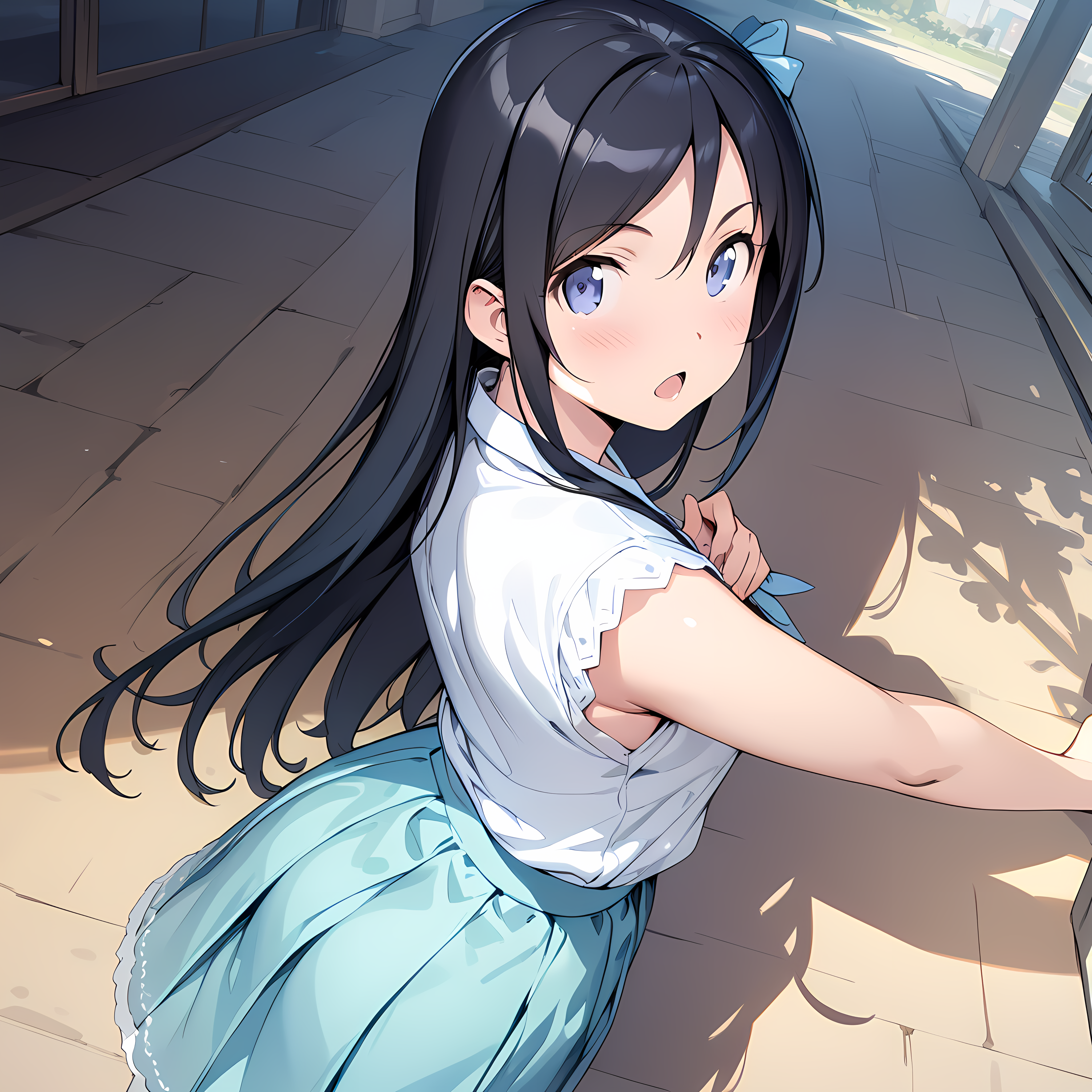 (masterpiece),(best quality),(ultra-detailed),(best illustration),(best shadow),(absurdres),(detailed background),(very aesthetic), ayase aragaki, 1girl, long hair, solo, black hair, open mouth, skirt, looking back, blue eyes, blush, looking at viewer<lora:Ayase_Aragaki_-_Oreimo:1>