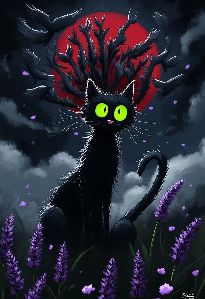 A whimsical illustration of a mysterious black cat with enormous luminous emerald eyes in dark whimsical art style, its elongated form dissolving into a swarm of ravens that scatter into the night, digital painting with dynamic brushstrokes showing sleek fur transforming into feathers and shadow, dark stormy background with a blood-red moon peeking through clouds, characteristic Tim Burton inspired design with the cat's impossibly long tail curling into smoke and its whiskers becoming silvery threads of moonlight, while purple lavender petals float through the spaces where its body fades away