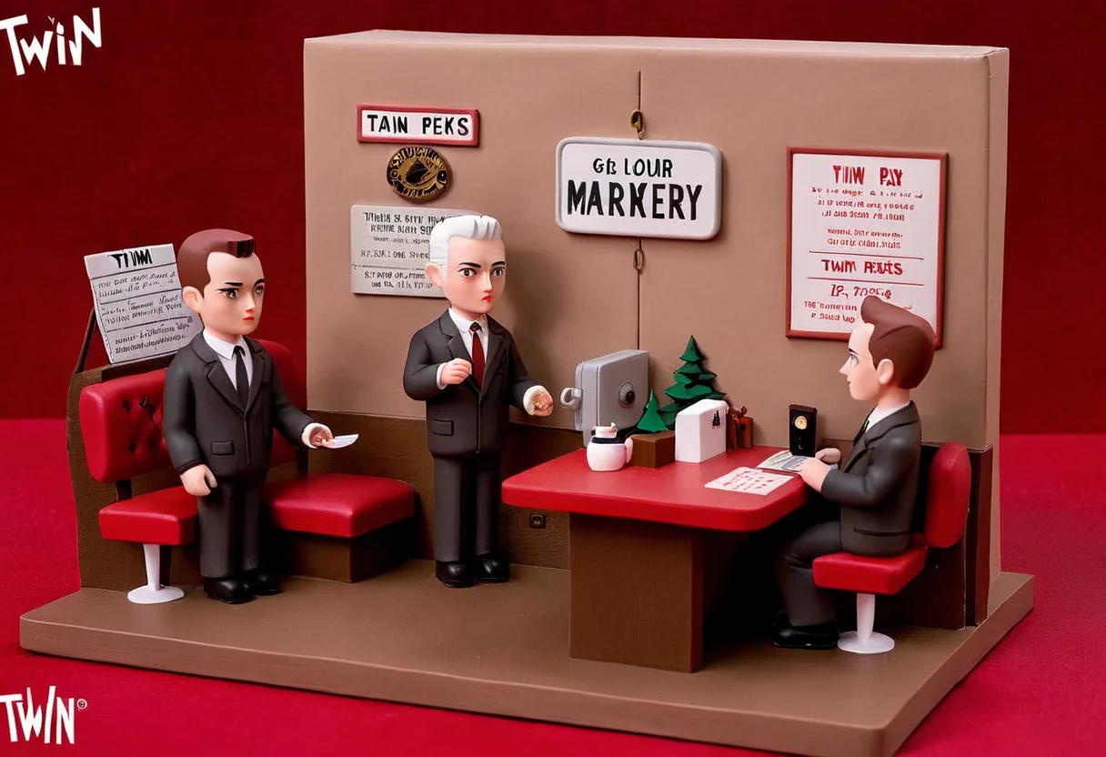 twin peaks scene, gmrndnr, vinyl figure, whimsical 3d character <lora:gmrndnr_v0.0.1:1>