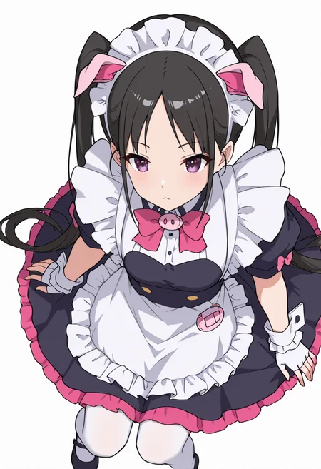 Smooth Quality,masterpiece,very intricate, high quality details, ultra realistic, high detailed skin,detailed enviorement,absurdres,
<lora:Hiiragi_Yume_Yumechi_CNR:1> hiiragi_cnr, black hair, long hair, twintails, purple eyes,fake animal ears, pig ears, hiiragi_maid_cnr,maid, maid headdress, maid apron, frilled apron, black dress, puffy short sleeves,white thighhighs, black footwear,fingerless gloves,white wrist cuffs,pink bowtie, frills,, simple background, white background, from above,solo,
seated with knees drawn up, arms encircling legs, forehead resting on knees ,, x3,