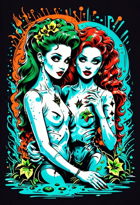 score_9, score_8_up, score_7_up, score_6_up, score_5_up, <lora:bp4rtXLP:1> bp4rt, Tshirt_design, (2_people_centre), 1_male, 1_female ((Lux Interior and Poison Ivy; the Cramps)) psychobilly artwork featuring musicians ((Lux Interior)) ((The Cramps logo)) ((poison Ivy)), <Lux_Interior_Poison_Ivy_the_Cramps>, perfect hands, faded grainy scratched splash, image edge faded splash border, portrait angle, psychobilly_rockabilly_vintage, comic illustration T-shirt Designescalating terror; a chilling sequence crafted by the master of horror, director James Wan, with spine-tingling VFX from Patrick Tubach <lora:Vector cartoon illustration-000008:1>
