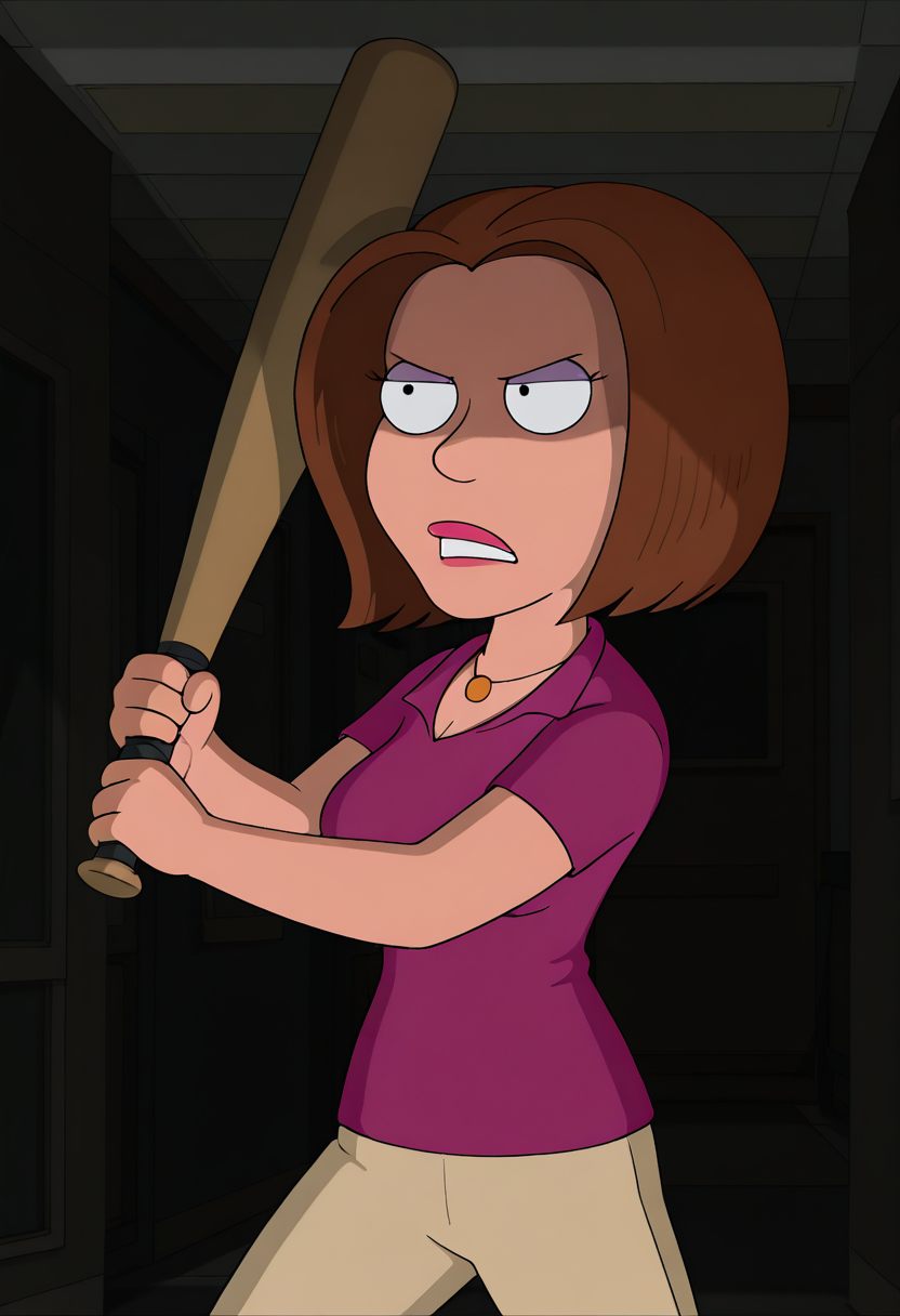 masterpiece, best quality, amazing quality, gr3tch3nm, 1girl, brown hair, necklace, purple polo shirt, beige pants, holding baseball bat, fighting stance, looking at viewer, angry, upper body, basement, (dark, shadow, dramatic lighting:1.1),