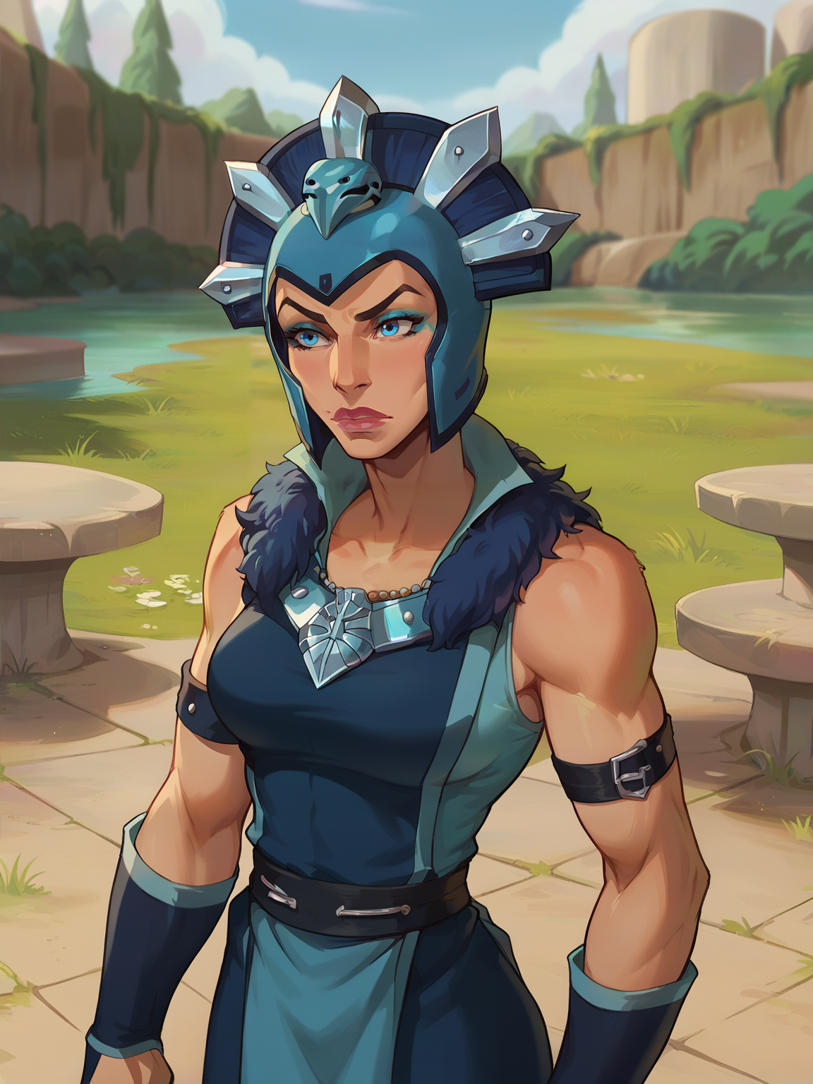 <lora:Evil Lyn:0.4> ev_ly, 1girl, blue eyes, blue eyeshadow,purple lips,athletic, dark blue helmet with crest, fur collar, blue bracers,dark blue sleeveless tunic with long apron <lora:incase_v14:0.9> breasts, female, score_9, score_8_up, score_7_up,