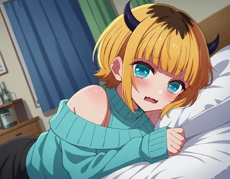 score_9, score_8_up, score_7_up, source_anime,
memcho, <lora:memcho-s1-ponyxl-lora-nochekaiser:1>
memcho, blonde hair, blue eyes, blunt bangs, demon horns, fake horns, horns, short hair,
bare shoulders, black skirt, blue sweater, long sleeves, off shoulder, off-shoulder sweater, puffy sleeves, skirt, sweater, white ribbon,
indoors, bed, bed room, on side, blush, drunk,
looking at viewer, dutch angle, cowboy shot