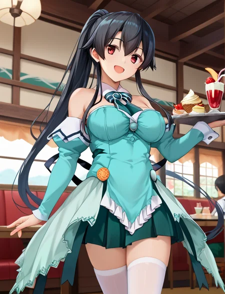 score_9, score_8_up, score_7_up, score_6_up, score_5_up, score_4_up, (source_anime:1.3),(masterpiece:1.3), (high quality:1.3),(1girl: pia3_fm,mint-cream dress,frills,detached collar,detached sleeves,bare shoulders,strapless,green skirt,white thighhighs,yahagi \(kancolle\), 1girl, black hair, ponytail, sidelocks, long hair, very long hair, hair between eyes, red eyes,large breasts,smile,open mouth),cowboy shot, <lora:pia_carrot_3_outfits:1.0>, restaurant, <lora:yahagi_XL-Pony_LoRA-C3Lier_16-16-8-8_AdamW_Un3e-4_Te1.5e-4_10batch:0.9>