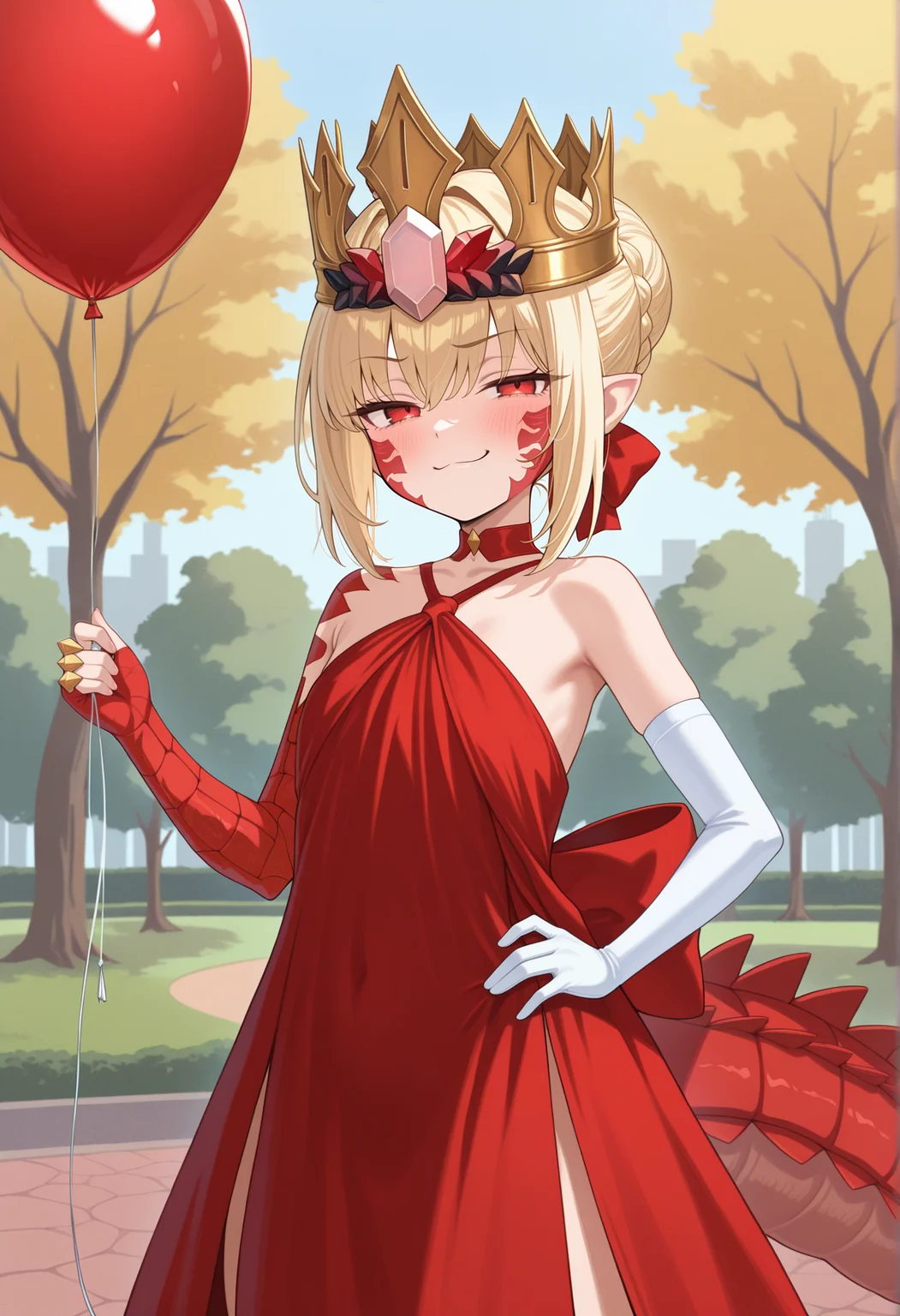 1girl, pointy ears, blonde hair, french braid, single hair bun, red eyes, facial mark, body markings, dragon tail, asymmetrical armwear, white gloves, red fingerless gloves, scales, choker, red dress, Crown, smug, hand on own hip, holding balloon, outdoors, park  <lora:Nero_Draco_Illus:1>, masterpiece, best quality, amazing quality, very aesthetic, absurdres, highres, newest