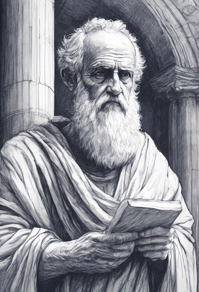 novuschroma42 style ballpoint pen drawing,
An old philosopher in a toga stands in an open-air forum, holding a scroll. Marble columns, sunlight, ancient architecture, beard, thoughtful expression, extreme close-up, portrait.