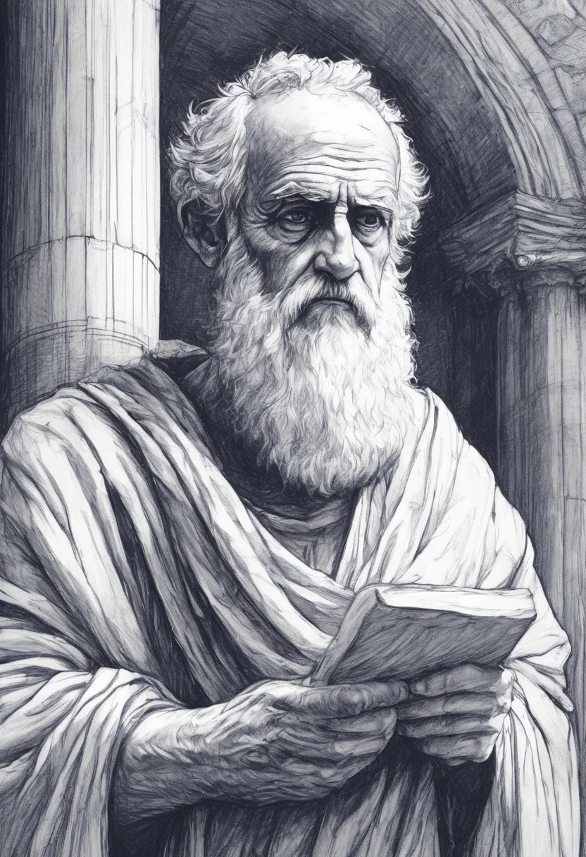 novuschroma42 style ballpoint pen drawing,
An old philosopher in a toga stands in an open-air forum, holding a scroll. Marble columns, sunlight, ancient architecture, beard, thoughtful expression, extreme close-up, portrait.