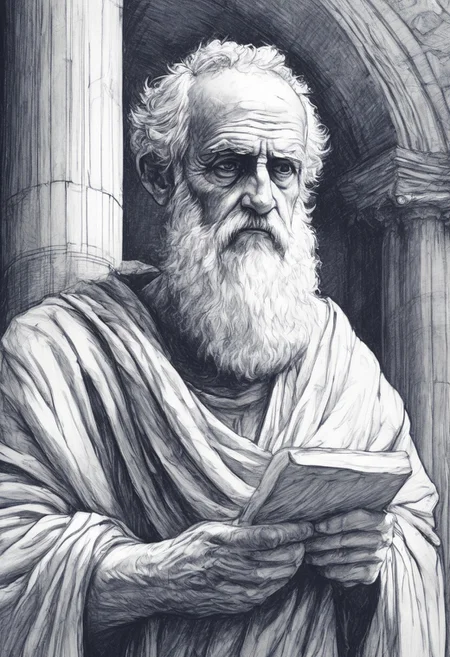 novuschroma42 style ballpoint pen drawing,
An old philosopher in a toga stands in an open-air forum, holding a scroll. Marble columns, sunlight, ancient architecture, beard, thoughtful expression, extreme close-up, portrait.