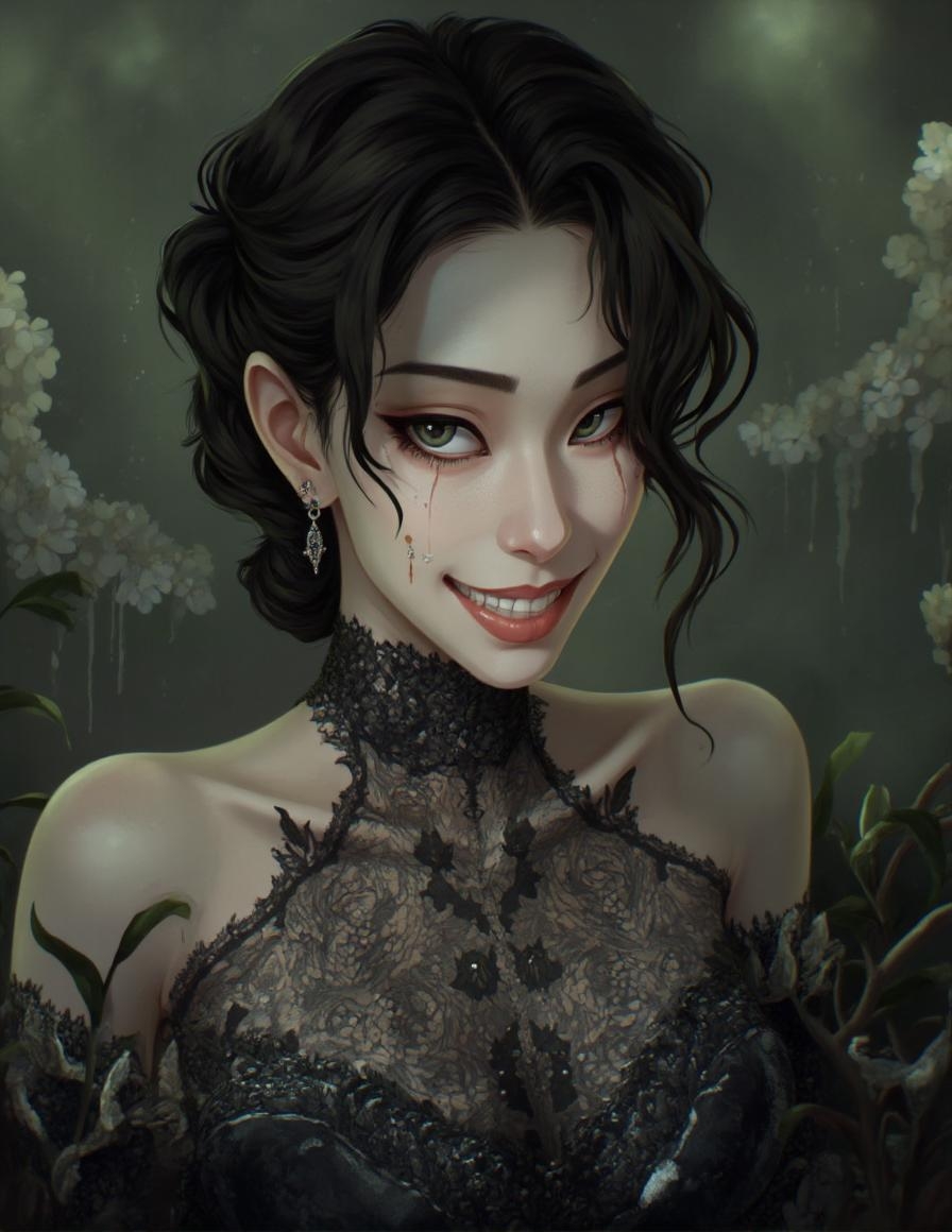 <lora:ck-LttleGhost-000011.safetensors:1> in the style of ck-lttlegh0stAn Asian woman with an unnerving, fixed grin and an otherworldly gaze wears a black lace wedding gown that appears to be alive, its patterns dancing across her pale shoulders. Her porcelain-like skin glows in soft, ethereal light, but her unsettling smile hints at dark secrets beneath the surface.