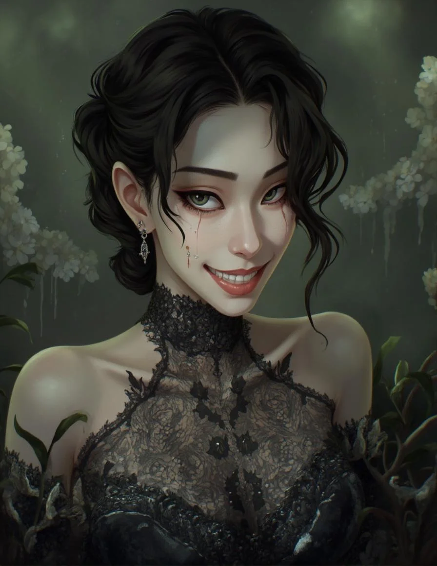 <lora:ck-LttleGhost-000011.safetensors:1> in the style of ck-lttlegh0stAn Asian woman with an unnerving, fixed grin and an otherworldly gaze wears a black lace wedding gown that appears to be alive, its patterns dancing across her pale shoulders. Her porcelain-like skin glows in soft, ethereal light, but her unsettling smile hints at dark secrets beneath the surface.