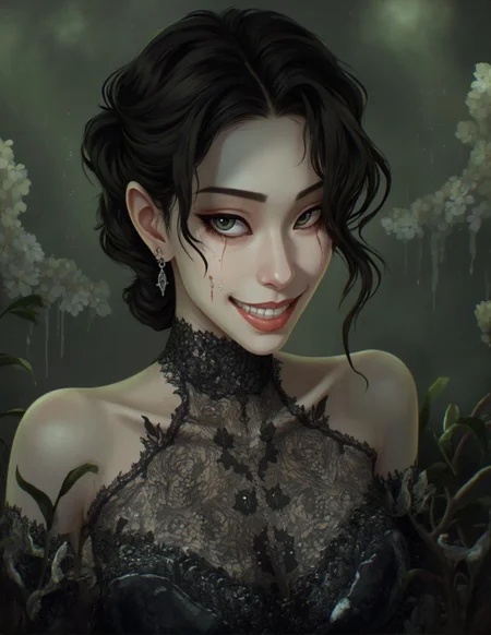 <lora:ck-LttleGhost-000011.safetensors:1> in the style of ck-lttlegh0stAn Asian woman with an unnerving, fixed grin and an otherworldly gaze wears a black lace wedding gown that appears to be alive, its patterns dancing across her pale shoulders. Her porcelain-like skin glows in soft, ethereal light, but her unsettling smile hints at dark secrets beneath the surface.
