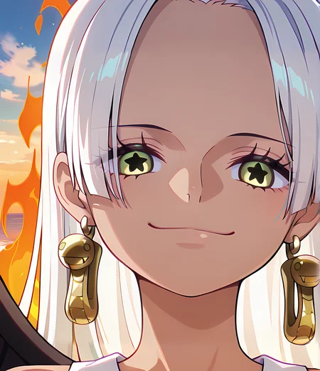 masterpiece, best quality, amazing quality, detailed high detail, very aesthetic, absurdres, newest, scenery, volumetric lighting, ultra detailed, anime
1girl, S-Snake, Solo, white hair, long hair, yellow eyes, star-shaped pupils, snake earrings, ((fire behind head)), black wings, tan skin,
white dress,
beach background, sand, ocean, clouds, detailed background, beautiful frame,
<lora:S-Snake_-_One_Piece_-_Illustrious:1>
masterpiece, best quality, amazing quality, detailed, high detail, very aesthetic, absurdres, newest, scenery, volumetric lighting, ultra detailed, close up,
looking at viewer, looking at you,
close up, smug, smiling, potrait, closeup, face closeup,