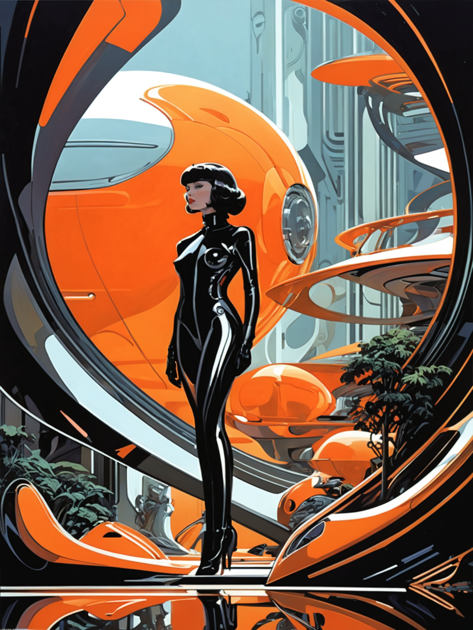 by Syd Mead and Hariton Pushwagner, (biomorphic forms, masterful, beautiful:1.4), poster art, bold lines, hyper detailed, expressive, award winning, (movie still:1.4), (intricate details, masterpiece, best quality:1.4), looking at viewer, dynamic pose, wide angle view,