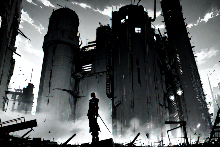highly insanely detailed, masterpiece, top quality, best quality, highres, 4k, 8k, RAW photo, (very aesthetic, beautiful and aesthetic),  
tsutomu nihei,nihei_tsutomu,blame!,blame gakuen!,abara,TNstyle,sidonia_no_kishi,(megastructure in background,sidonia \(ship\),mausoleum,lab,deep horizon,giant room,hangar,city ruins,stairs),dark sky,black sky,machinery,bridge,fence,light particles,gauna,gauna mech,cables,tubes,industrial pipes,buildings,lantern,foggy,mist,smoke,fog,concrete walls,metal walls,dome,air conditioner,drainpipe,blm,science fiction,open space,dystopia,destroyed,no human,flock,vast scenery,perspective,empty, 
<lora:ABARA:0.6>, 
(1girl:1.3), 
solo focus, 
underground facility,pinstripe background,âââ