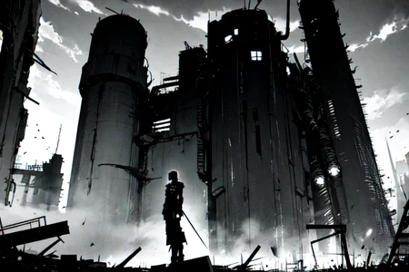 highly insanely detailed, masterpiece, top quality, best quality, highres, 4k, 8k, RAW photo, (very aesthetic, beautiful and aesthetic),
tsutomu nihei,nihei_tsutomu,blame!,blame gakuen!,abara,TNstyle,sidonia_no_kishi,(megastructure in background,sidonia \(ship\),mausoleum,lab,deep horizon,giant room,hangar,city ruins,stairs),dark sky,black sky,machinery,bridge,fence,light particles,gauna,gauna mech,cables,tubes,industrial pipes,buildings,lantern,foggy,mist,smoke,fog,concrete walls,metal walls,dome,air conditioner,drainpipe,blm,science fiction,open space,dystopia,destroyed,no human,flock,vast scenery,perspective,empty,
<lora:ABARA:0.6>,
(1girl:1.3),
solo focus,
underground facility,pinstripe background,âââ