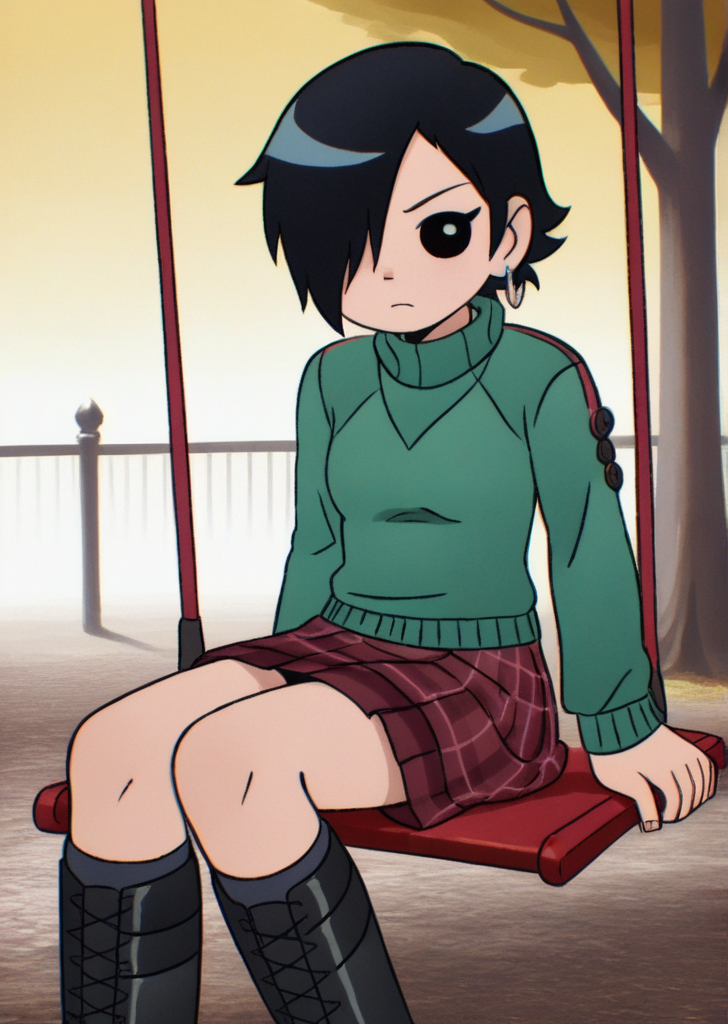 score_9, score_8_up, score_7_up, score_6_up, source_anime, zPDXL, BREAK
<lora:Scott_Pilgrim_Takes_Off:1> scottp, sketch, anime coloring, 1girl, solo, Knives, black hair, hair over one eye , solid circle eyes, camel cashmere sweater, Loro Piana, plaid wool midi skirt, Marni, leather knee-high boots, Givenchy, statement belt, Alexander McQueen , sitting on a park swing, carefree,