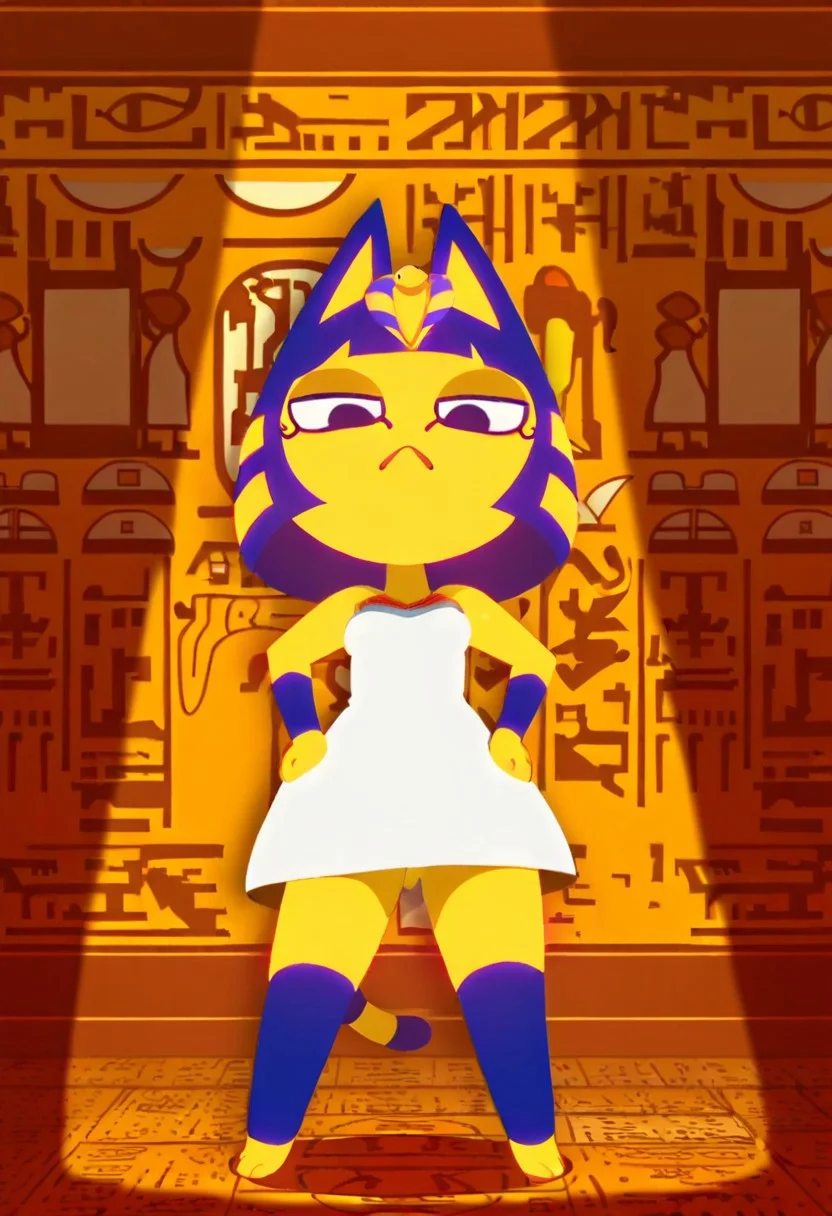 ankhazone, 1girl, cat girl, egyptian, standing, hair ornament, dress, white dress, solo, (hands on hip:1.4)