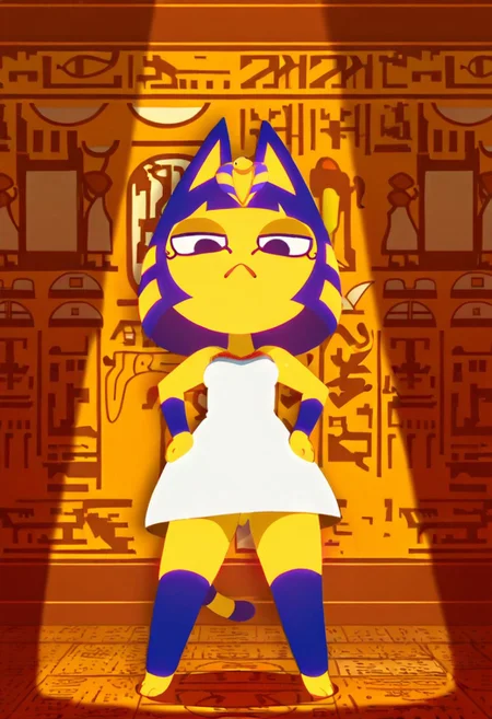 ankhazone, 1girl, cat girl, egyptian, standing, hair ornament, dress, white dress, solo, (hands on hip:1.4)