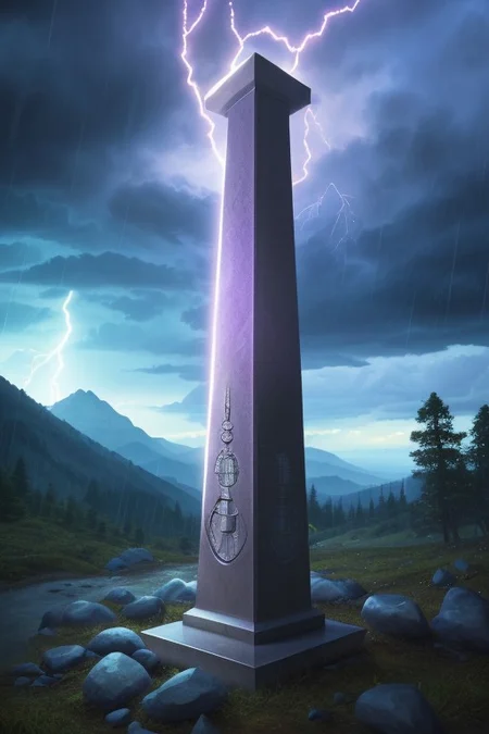 ([by Buckminster Fuller|by Santiago Calatrava]:1.5), (ultra high res:1.4), (masterpiece), (beautiful lighting:1.4) , mountain, obelisk, glowing, (floating rock), forest, storm, rain, gloomy atmosphere, rune, glowing purple rune, shiny obelisk, anime, wide shot, chaos,