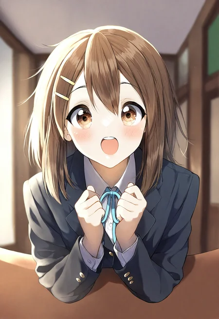 <lora:penta1_noob1.1-000139:1>,
1girl, hirasawa yui, brown hair, school uniform, solo, brown eyes, hair ornament, sakuragaoka high school uniform, winter uniform, shirt, blue ribbon, ribbon, blush, hairclip, open mouth, jacket, white shirt, looking at viewer, neck ribbon, teeth, long sleeves, upper body, upper teeth only, blazer, collared shirt, medium hair, indoors, hands up, black jacket, blurry background, blurry,
masterpiece,best quality,newest,absurdres,highres,very awa,