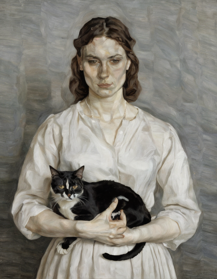 <lora:fr3u:0.8>fr3u portrait of a woman holding a cat