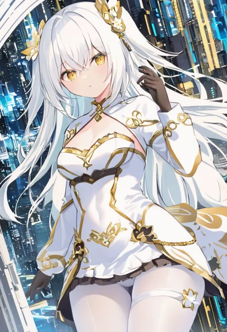 Best quality, masterpiece, sci-fi extremely dark abyss city, one girl with round pert breasts, majestic walk, hands on waist, adorable pure white long loose hair, flower hairpin, adorable smooth face, gentle smile, bright yellow eyes, beautiful white dress with long sleeves and gloves, slim waist, very short miniskirt, white tights, thick clavicle, thick hips, thick thighs, heels