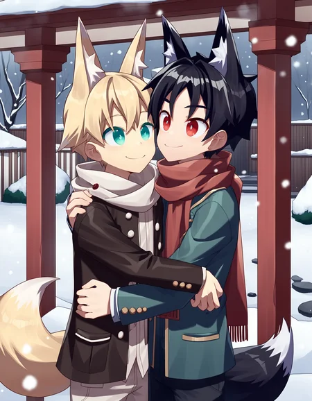 score_9, score_8_up, score_7_up, score_6_up, source_anime, outdoors, shrine, winter, snowing, 2boys, black hair, red eyes, blonde hair, aqua eyes, fox tail, fox ears, jacket, pants, scarf, smile, hug, looking at another <lora:rukiruki_AMXL_v1e-ShoAI:1>