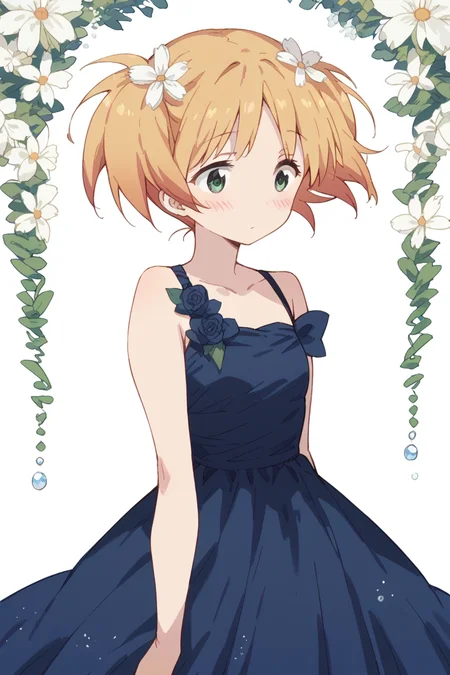 score_9, score_8_up, score_7_up, score_6_up,
<lora:Yuu_Sonoda:1> yuu, 1girl, solo, twintails, dress, hair ornament, flower, hair flower, blonde hair, green eyes, short hair, blue dress, blush, short twintails
