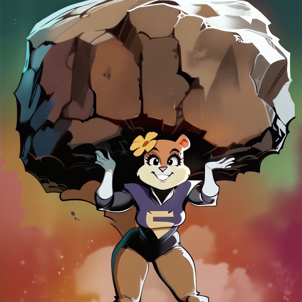STYLES | PONY & ANIMAGINE
score_9, score_8_up, score_7_up 
   , masterpiece, beautiful,, 1girl, leaning forward, big smile, black eyes, furry female, brown fur, squirrel tail, teeth, single hairflower, 
, medium breasts, curvy, looking at viewer, cowboy shot, cute, girl lifting giant rock,holding giant rock, arms flexed, giant rock
cartoon, western cartoon style, anime screencap, 
<lora:SandyCheeks_character:1> SandyXLP