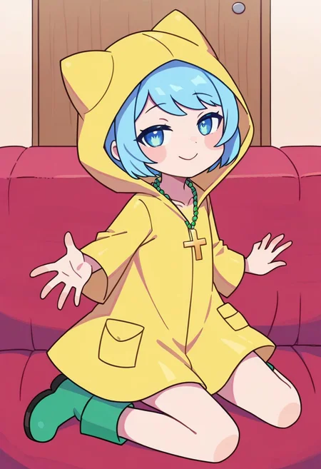 score_9, score_8_up, score_7_up, BREAK
highres, highly detailed, high resolution, high quality, 
source_anime, anime screencap, saturation, vivid colors, 
1girl, solo, luce, full body,
light blue hair, big dark blue eyes, short hair, cute,
(long yellow raincoat:1.1), green rubber boots, 
cross necklace,
squinting eyes, half-closed eyes, smile, naughty face, closed mouth, looking at viewer,
a girl holding a cross in her one hand, on knees, kneeling, sitting, holding, holding cross, outstretched arm, offers cross,
pikaole, cute, bokeh,
room background, wooden chest, 
(side view:0.5), (high angle:0.7),