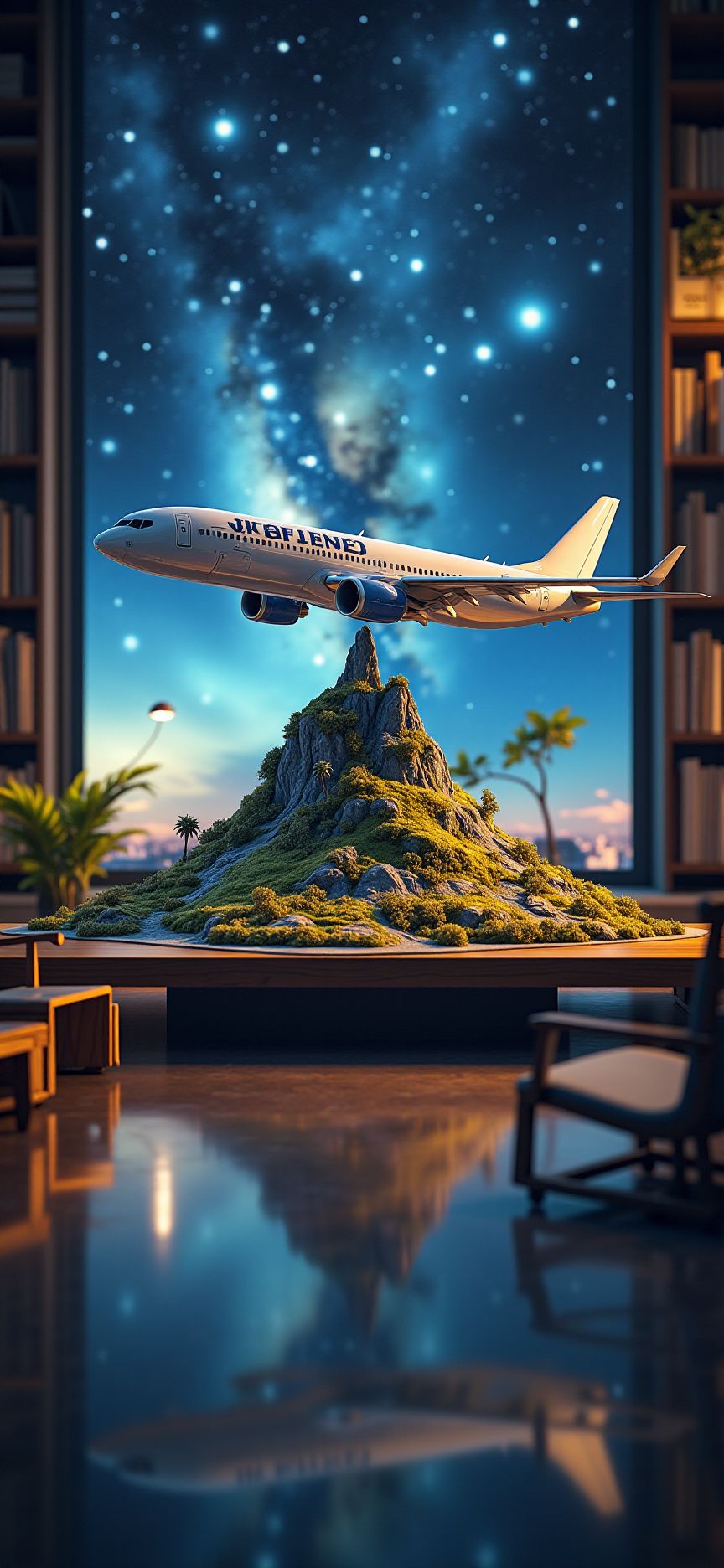 (indoor,very wide isometric view,tilt-shift lens:1.6), (A miniature diorama of:2.5) of (stasis _chamber:1.5), gradation,  gradation,(galaxy,milky way:1.3),  boeing 737 at (floating island,levitating  island:1.5) on (table:2) at (study:2.5)  <lora:Diorama_Flux:1>