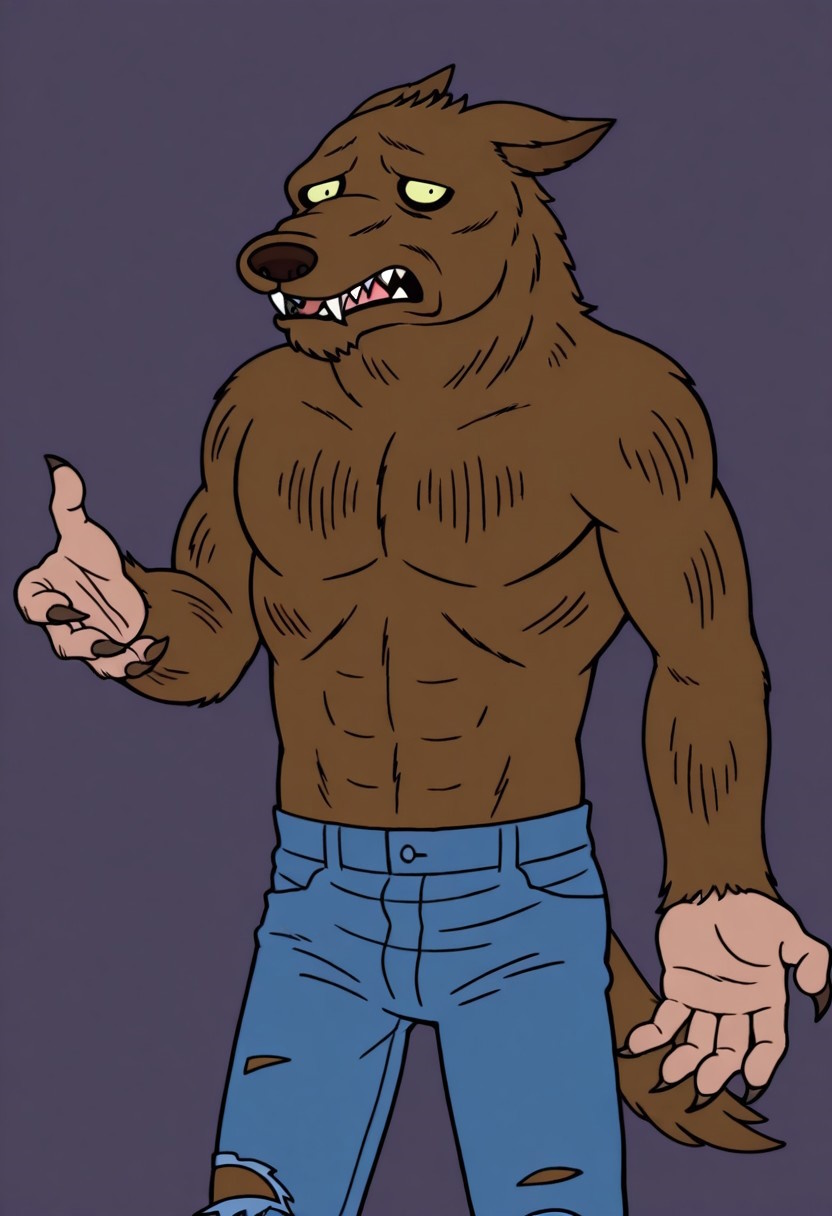 score_9, score_8_up, score_7_up, masterpiece, high quality, best quality, amazing quality, detailed, solo, male, matthew thornton, werewolf, brown fur, dark brown nose, yellow eyes, black pupils, fangs, athletic, topless, ripped jeans, tail, claws, looking at viewer, half body shot, worried, frowning, shrugging, open mouth, simple background.