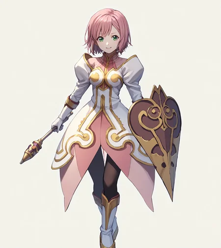 score_9, score_8_up, score_7_up, score_6_up, score_5_up, score_4_up, BREAK source_anime,
1girl, solo, <lora:EstelliseSidosHeurassein:1> , Estellise Sidos Heurassein, pink hair, short hair, green eyes, medium breasts,
ornate dress, high collar, white gloves, long pink skirt, black pantyhose, white boots,
simple background, white background,
holding shield, holding weapon, mace,
looking at viewer, happy, standing,
<lora:rhasta:1>,