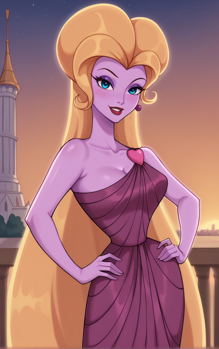 score_9, score_8_up, score_7_up, looking at viewer,  BREAK
PinkDress_Aphrodite_ownwaifu,  
1girl, glowing, glowing hair, glowing skin, purple skin, colored skin, blonde hair, makeup, lipstick,  blue eyes, jewelry,  earrings, breasts, long hair, medium breasts, eyelashes, very long hair, eyeshadow, red lips, 
purple dress, heart, cleavage, bare shoulders, strapless dress, cocktail dress,
(contrapposto, hand on hip), sunset, sidelighting, cityscape, outdoors, <lora:PONYXL_Hercules_Aphrodite_ownwaifu:1> , depth of field, solo,