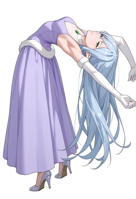 Smooth Quality,masterpiece,very intricate, high quality details, ultra realistic, high detailed skin,detailed enviorement,absurdres,
simple background, white background,
stretching, arms up, tiptoe, arched back, elegant,  ,dynamic angle,naughty face,
 <lora:El-Ru_Sarion_Elmesia_cnn:0.8> elmesiacnn,1girl, green eyes, pointy ears, blue hair, very long hair,
purple dress,white gloves, elbow gloves,fur trim, high heels,