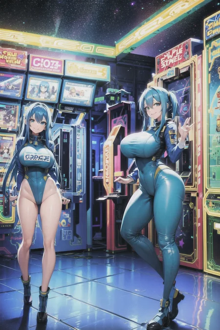arcade, arcade cabinet, blue hair, wide hips, large breasts, green eyes, smile, space, spacesuit, facing viewer, <lora:Arcade V1:0.6>
