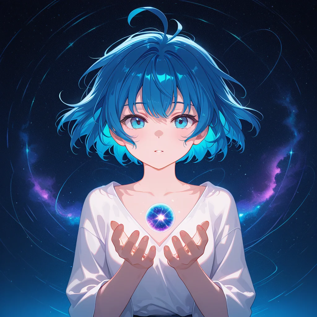 radiant reflections, rich color tones, deep contrast, luminous lighting, cinematic ambiance, shimmering gradients, ethereal glow, best quality, colorful, masterpiece, high quality, amazing quality, <lora:sk-alchemist-v2-09:0.8> sk-aellie, 1girl, blue hair, (young), blue eyes, galaxy, floating hair,