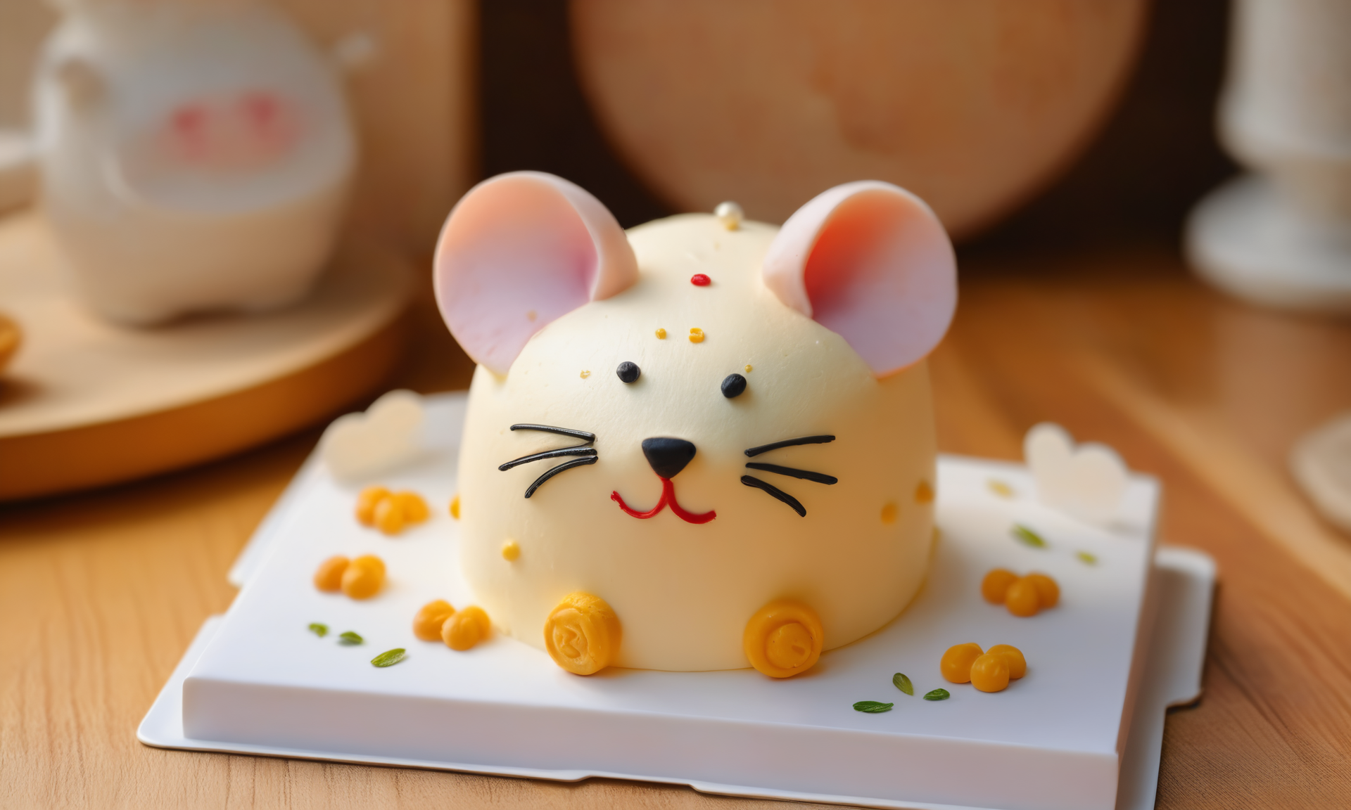 gourmet food photo of <lora:cakecd_xl-000005:0.8>,a single tiered cakecd_xl shaped like a rat-chibi was placed on the table,simple background,fine art,detailed,indoors,chinese zodiac,tilt-shift,miniature,cute and lovely,still life,from front,looking at viewer,no humans . soft natural lighting,macro details,vibrant colors,fresh ingredients,glistening textures,bokeh background,styled plating,wooden tabletop,garnished,tantalizing,editorial quality,8K,HDR,UHD,masterpiece,best quality,highly detailed,high resolution,finely detail,extremely detailed,ultra detailed,wallpaper