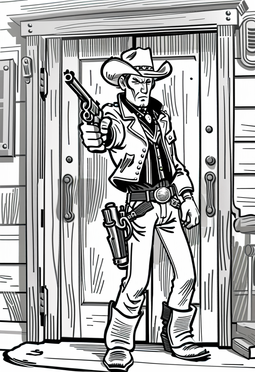lineart, a mecha cowboy, pointing a revolver at the viewer, old western saloon doors in the background, cowboy six shooter, viewer looking down barrel, <lora:pen-art:1.0>