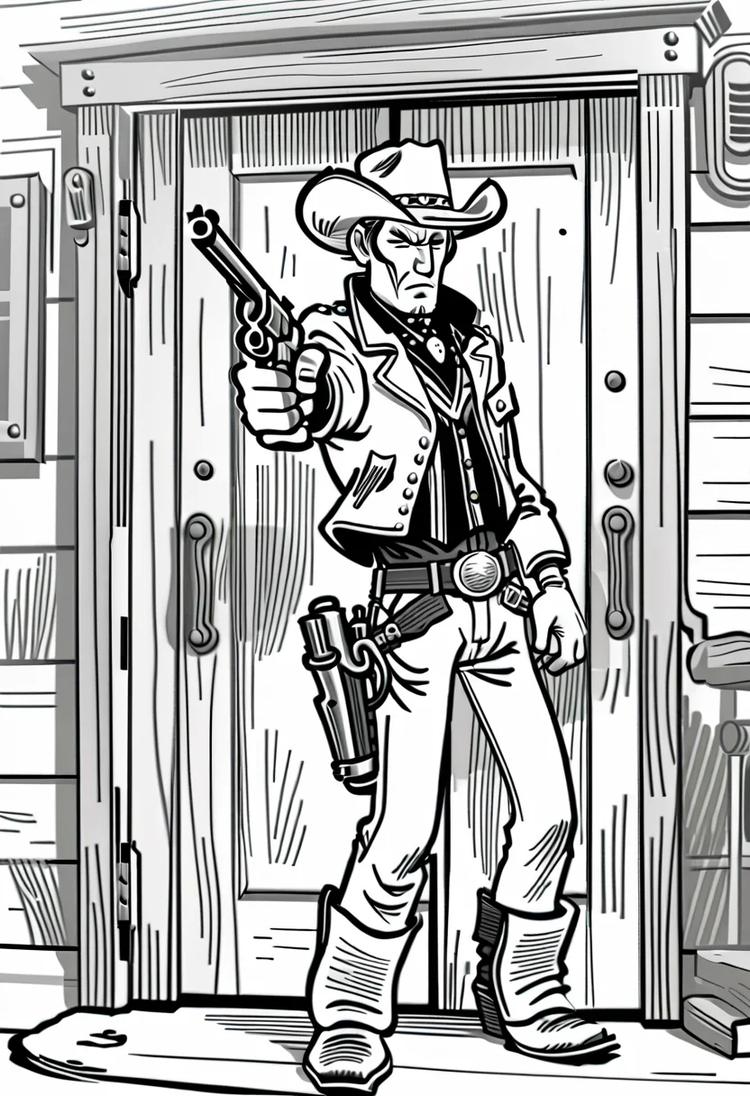 lineart, a mecha cowboy, pointing a revolver at the viewer, old western saloon doors in the background, cowboy six shooter, viewer looking down barrel, <lora:pen-art:1.0>