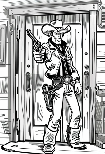 lineart, a mecha cowboy, pointing a revolver at the viewer, old western saloon doors in the background, cowboy six shooter, viewer looking down barrel, <lora:pen-art:1.0>
