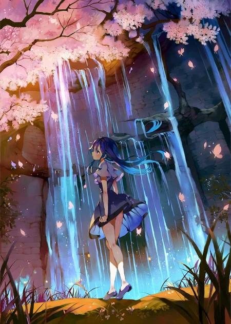 by umaiyo puyoman , by yogisya
1girl
extremely beautiful detailed piercing eyes,
a girl immersed in a magical garden at twilight. She stands beside a luminous waterfall, cherry blossoms gently falling around her. The soft glow of fireflies and the distant twinkle of stars add an enchanting ambiance to this serene and otherworldly scene
masterpiece, best quality, high quality, highres, absurdres, very detailed, high resolution, sharp, sharp image, 8k, vivid, colorful, stunning, anime