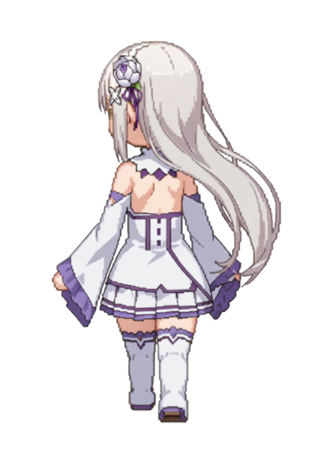 score_9, score_8_up, score_7_up, source_anime,
BREAK
<lora:shiSpriteV3:1.0>, backwalkright, chibi, full body, from behind, standing,
simple background, white background,
1girl, solo, anime screencap, anime coloring,
<lora:shiEmiliaV2:1> shimilia, long hair, grey hair,
pointy ears, hair flower, purple ribbon, x hair ornament,
white dress, bare shoulders, wide sleeves, white thighhighs, thigh boots,
