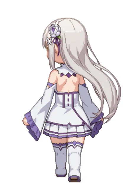score_9, score_8_up, score_7_up, source_anime,
BREAK
<lora:shiSpriteV3:1.0>, backwalkright, chibi, full body, from behind, standing,
simple background, white background,
1girl, solo, anime screencap, anime coloring,
<lora:shiEmiliaV2:1> shimilia, long hair, grey hair,
pointy ears, hair flower, purple ribbon, x hair ornament,
white dress, bare shoulders, wide sleeves, white thighhighs, thigh boots,