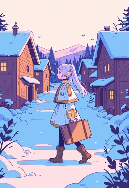1girl, frieren, elf, walking, holding case, outdoors, side view, wooded village, Flatline, Flat vector illustration, winter