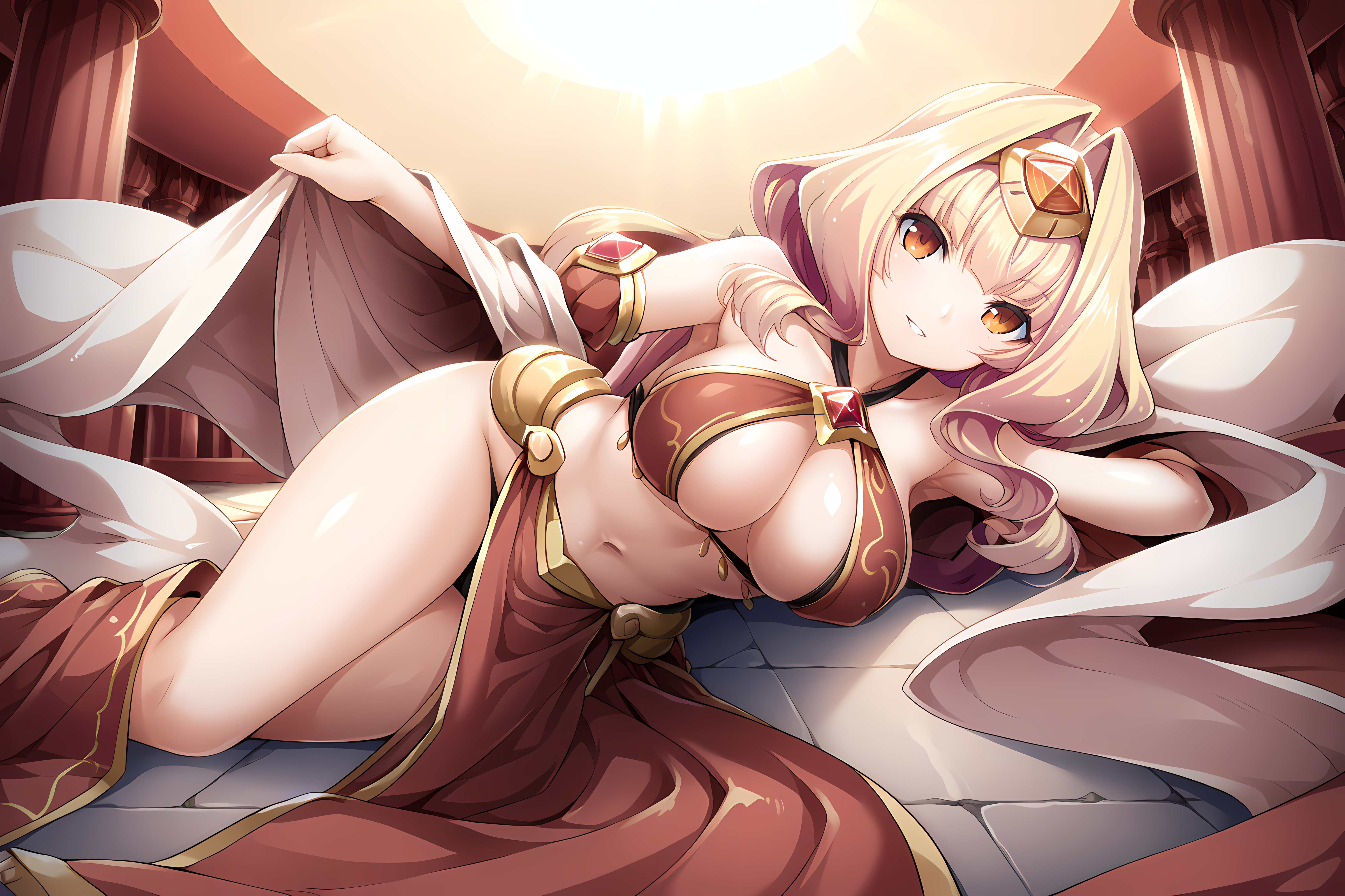 parted lips,smile,lying,azarin,1girl,long hair,large breasts,blonde hair,orange eyes,shawl,halterneck,harem outfit,
BREAK <lora:EXS-TIA_MagicaAzarin_-_Lusterise:1>,from below,, score_9, score_8_up, score_7_up,source_anime,(masterpiece),(best quality),(ultra-detailed),(best illustration),(best shadow),(absurdres),(detailed background),(very aesthetic),source_anime