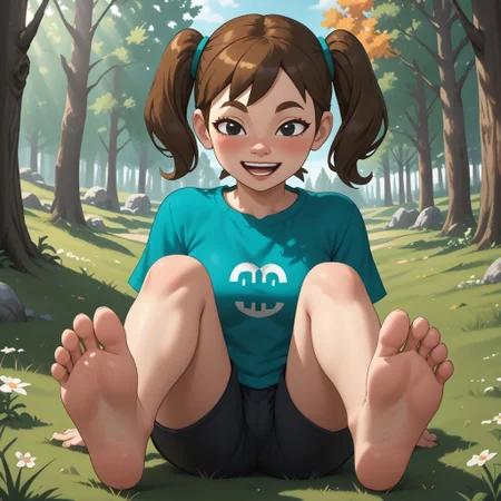 score_9, score_8_up, BREAK, (masterpiece:1.4), (best quality:1.2), solo, perfect anatomy, accurate anatomy, perfect feet, perfect soles, Mii, Wii, Black Eyes, Half circle eyebrows, big nose, half circle nose, blush, white skin, open mouth, green-ish brown hair, twintails, dark green clothing, 1girl, female mii, Wii Sports Resort, black pants, shoes, cute, medium breasts, Midori_(\Wii_Sports_Resort\), teeth, Nintendo Mii, modern_mii, classic_mii, sexy pose, self portrait, smile, outdoors, sunlight, shadows, evening lighting, natural lighting, forest, trees, grass, orange sky, sunset, sitting, feet, soles