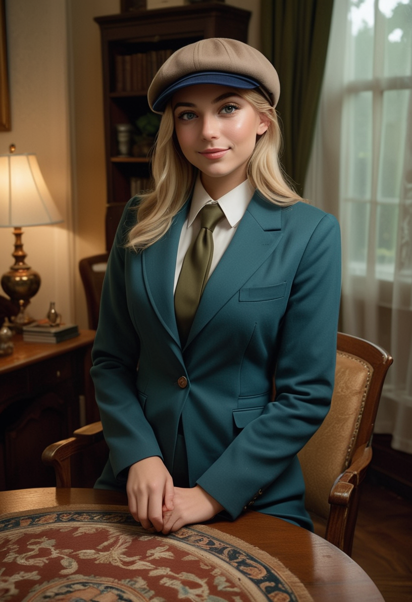 (medium full shot) of (classy dapper young gentlewoman, slim build, medium blonde hair), persian, mocha skin, olive green eyes, wearing a newsboy cap, blue three-piece suit with sleek lines, suede dress shoes with sleek design, silk tie, tie clip silk pocket square, set in  a cozy country manor, featuring a large oak dining table, antique china cabinets, a plush armchair by a bay window, a woven rug, at night, woman smiling, ,Masterpiece,best quality, raw photo, realistic, very aesthetic, dark