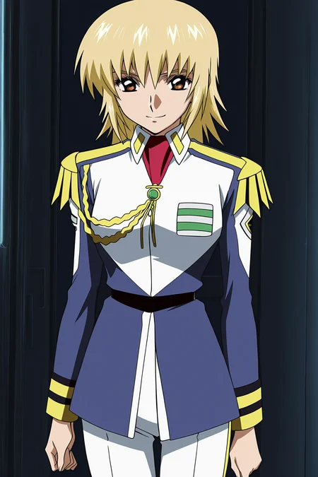 anime screencap, anime coloring, detailed face, masterpiece, best quality, very aesthetic, absurdres, volumetric lighting, official style, amazing quality, ultra detailed, highres, amazing quality, scenery, beautiful detailed hair, beautiful detailed eyes, defined fingers, five fingers,
<lora:StS-Illustrious-Detail-Slider-v1.0:4>
<lora:Cagalli_Yula_Athha_Mobile_Suit_Gundam_SEED:1>
Cagalli Yula Athha (character), 1girl, solo, blonde hair, uniform, long sleeves, aiguillette, pants, military uniform, white pants, military, brown eyes, smile, cowboy shot, smile